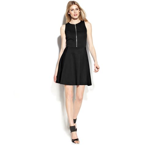 michael kors dress black with white stripes|Michael Kors black zipper dress.